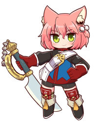 Rule 34 | 1girl, 7th dragon, 7th dragon (series), animal ear fluff, animal ears, belt, bike shorts, black footwear, blush, boots, buckle, chibi, commentary, fighter (7th dragon), fox ears, full body, gloves, green eyes, green legwear, hair between eyes, hair bobbles, hair ornament, hand on own hip, harukara (7th dragon), highres, holding, holding sword, holding weapon, jacket, long sleeves, multicolored clothes, multicolored jacket, naga u, pink hair, red gloves, short hair, simple background, smile, solo, standing, striped clothes, striped legwear, striped thighhighs, sword, thighhighs, v-shaped eyebrows, weapon, white background, white belt
