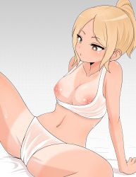 Rule 34 | 1girl, absurdres, arm support, blonde hair, breasts, breasts out, bright pupils, brown eyes, female focus, highres, ito kashiwamochi, medium breasts, navel, nipples, original, ponytail, see-through, solo, spread legs, sweat, tan, tanline, wet, wet clothes