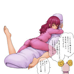 Rule 34 | 10s, 1girl, ass, barefoot, blush, breasts, candy (smile precure!), closed eyes, crotch rub, elenab, feet, female masturbation, fingernails, full body, hair down, hoshizora miyuki, hugging object, leg up, legs, long hair, lying, masturbation, on stomach, pajamas, pantylines, pillow, pillow hug, pillow sex, pink hair, precure, pussy juice, pussy juice stain, simple background, small breasts, smile precure!, soles, solo, toes, translated, white background