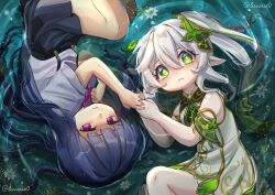 Rule 34 | 2girls, absurdres, afloat, clothing cutout, commentary, cross-shaped pupils, crossover, dress, english commentary, flower, from above, frown, furude rika, genshin impact, green eyes, grey hair, highres, higurashi no naku koro ni, hime cut, miniskirt, multiple girls, nahida (genshin impact), one side up, pleated skirt, pointy ears, purple eyes, ripples, rotational symmetry, short dress, shoulder cutout, skirt, suspenders, symbol-shaped pupils, twitter username, yami (eunriie)