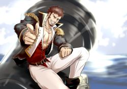 Rule 34 | 1boy, abs, alternate costume, beard, blue eyes, brown hair, epaulettes, facial hair, fate/grand order, fate (series), hand on own thigh, highres, homotoadori00, huge weapon, jacket, large pectorals, long sideburns, long sleeves, looking at viewer, male focus, military, military uniform, muscular, napoleon bonaparte (fate), open clothes, open jacket, pectoral cleavage, pectorals, pointing, pointing at viewer, sideburns, solo, uniform, weapon