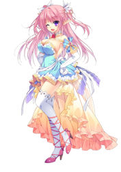 Rule 34 | 1girl, bare shoulders, brave girl ravens, breasts, choker, claire edgeworth, cleavage, dress, elbow gloves, flower, full body, gloves, hair ornament, hand on own hip, high heels, large breasts, one eye closed, pink hair, pointy ears, purple eyes, satsuki misuzu, short dress, simple background, smile, solo, standing, thighhighs, white background, white gloves, zettai ryouiki