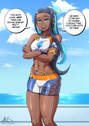 Rule 34 | 1girl, absurdres, akazai, aqua eyes, aqua hair, armband, armlet, artist name, ass, bare shoulders, belly chain, black hair, blue eyeshadow, blue sky, blurry, breasts, cameltoe, cloud, covered erect nipples, creatures (company), crop top, crossed arms, dark-skinned female, dark skin, day, depth of field, earrings, english text, eyeshadow, female focus, game freak, gym leader, highres, hoop earrings, jewelry, long hair, looking at viewer, makeup, medium breasts, midriff, multicolored hair, navel, neck, necklace, nessa (pokemon), nintendo, one eye closed, open mouth, outdoors, pokemon, pokemon swsh, short shorts, shorts, skindentation, sky, smile, solo, speech bubble, standing, stomach, talking, thighs, two-tone hair, water