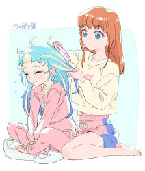 Rule 34 | 2girls, barefoot, blonde hair, blue eyes, blue hair, braid, brushing another&#039;s hair, brushing hair, closed eyes, closed mouth, commentary request, fang, flying sweatdrops, full body, hair brush, hair down, hibino matsuri, holding, holding another&#039;s hair, holding hair brush, indian style, long hair, long sleeves, looking at another, midriff peek, multicolored hair, multiple girls, murakami hisashi, myamu, orange hair, pajamas, pants, pink pants, pink shorts, pink sweater, pretty series, shorts, side braid, sitting, smile, streaked hair, sweater, translation request, v arms, waccha primagi!, wariza, yellow sweater