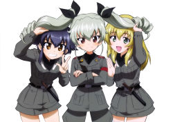 Rule 34 | 10s, 3girls, ;d, absurdres, anchovy (girls und panzer), anzio military uniform, armband, belt, black bow, black shirt, blonde hair, blue hair, blush, bow, braid, brown eyes, carpaccio (girls und panzer), cowboy shot, crossed arms, dress shirt, drill hair, girl sandwich, girls und panzer, green eyes, grey jacket, grey pants, grey skirt, grin, hair between eyes, hair bow, highres, holding another&#039;s hair, jacket, leaning forward, long hair, looking at viewer, military, military uniform, miniskirt, multiple girls, official art, one eye closed, open mouth, pants, pepperoni (girls und panzer), red eyes, sandwiched, shirt, short hair with long locks, sidelocks, silver hair, simple background, single braid, skirt, smile, standing, twin drills, twintails, uniform, w, white background, yoshida nobuyoshi