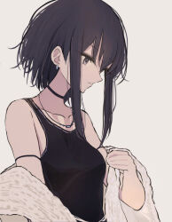 bare_shoulders black_choker black_eyes black_hair black_tank_top breasts choker coat collarbone earrings fur_coat grey_eyes hair_between_eyes highres hinomaru_(futagun) jewelry long_sidelocks looking_down medium_breasts off_shoulder original short_hair sidelocks silver_earrings simple_background tank_top three_quarter_view upper_body white_background white_coat