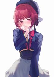 Rule 34 | 1girl, arima kana, beret, blue hat, blue jacket, blush, bob cut, closed mouth, collared shirt, commentary request, cropped jacket, dress shirt, grey skirt, hand up, hat, hat ribbon, highres, inverted bob, jacket, long sleeves, looking down, looking to the side, open clothes, open jacket, oshi no ko, paraffin, red eyes, red hair, ribbon, school uniform, shirt, short hair, shy, simple background, skirt, solo, sweater vest, white background, white shirt, youtou high school uniform