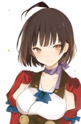Rule 34 | 10s, 1girl, ahoge, arms at sides, blue bow, blue bowtie, blunt bangs, blush, bow, bowtie, breasts, brown hair, choker, closed mouth, collarbone, corset, expressionless, japanese clothes, kimono, koutetsujou no kabaneri, lpip, mumei (kabaneri), portrait, purple bow, purple bowtie, ribbon choker, short hair, simple background, solo, underbust, upper body, white background