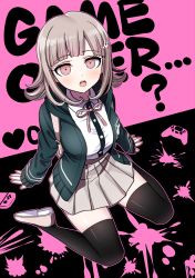 Rule 34 | 1girl, text background, black background, black thighhighs, blush, breasts, brown eyes, brown footwear, brown hair, brown ribbon, collared shirt, controller, danganronpa (series), danganronpa 2: goodbye despair, deadnooodles, dress shirt, english text, game controller, green jacket, grey skirt, hair ornament, highres, hood, hood down, hooded jacket, jacket, long hair, long sleeves, looking at viewer, medium breasts, nail polish, nanami chiaki, neck ribbon, open clothes, open jacket, open mouth, outline, pink background, pink nails, pink outline, pleated skirt, ribbon, shirt, shoes, sitting, skirt, sleeves past wrists, solo, teeth, thighhighs, two-tone background, upper teeth only, wariza, white shirt