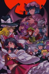 Rule 34 | 6+girls, ascot, bat wings, black background, black hair, blonde hair, blue eyes, blue hair, blush stickers, book, braid, brown eyes, cirno, crescent, crop top, detached sleeves, embodiment of scarlet devil, fang, fighting stance, flandre scarlet, frills, gohei, hair ribbon, hair tubes, hakurei reimu, hat, highres, hong meiling, ice, ice wings, image sample, izayoi sakuya, japanese clothes, jeto (jetopyon), kirisame marisa, long hair, long sleeves, looking at another, looking at viewer, looking back, looking down, maid headdress, midriff, miko, mob cap, moon, multiple girls, nail polish, navel, open book, open mouth, outstretched arms, patchouli knowledge, petticoat, profile, puffy sleeves, purple hair, red eyes, red hair, red moon, remilia scarlet, ribbon, rumia, shirt, short hair, short sleeves, silhouette, silver hair, skirt, skirt set, smile, star (symbol), touhou, tress ribbon, twin braids, vest, wide sleeves, wings, witch hat, wrist cuffs, yellow eyes