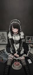 1girl, absurdres, bangs, baphomet, black dress, black footwear, black hair, blunt bangs, boots, cake, candle, center frills, chain, chained, chains, character print, closed mouth, collar, collarbone, computer, cross-laced footwear, dress, emoji, eyes closed, facing viewer, food, framed, frilled dress, frills, gothic lolita, hairband, highres, jewelry, lace-up boots, laptop, leg garter, lolita fashion, long hair, long sleeves, medium hair, metal collar, nadegata, original, pentagram, phone, photo (object), puffy short sleeves, puffy sleeves, ring, short sleeves, sitting, solo, striped, striped legwear, thighhighs, v arms