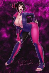 Rule 34 | 1girl, 2016, abstract background, areola slip, barefoot, black hair, bodysuit, breasts, capcom, cesium, cleavage, dated, eyepatch, fingerless gloves, gloves, han juri, highres, large breasts, leaning forward, looking at viewer, nail polish, no bra, no shoes, open clothes, open mouth, pink nails, pink toenails, purple eyes, short hair, solo, street fighter, street fighter v, toeless legwear, toes, tongue, tongue out, unzipped, waifu2x