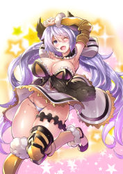 Rule 34 | 1girl, armored boots, armpits, arms up, blush, boots, breasts, c.r., capelet, commentary request, dress, granblue fantasy, hair between eyes, hair ribbon, large breasts, long hair, looking at viewer, low twintails, one eye closed, open mouth, panties, purple eyes, purple hair, ribbon, satyr (granblue fantasy), solo, star (symbol), thigh strap, thighs, twintails, underwear, very long hair