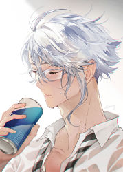 Rule 34 | &gt; o, 1boy, artist name, azul ashengrotto, blue eyes, can, drink can, glasses, holding, holding can, male focus, mole, mole under mouth, necktie, one eye closed, parted lips, shinsuke (moccori), shirt, short hair, silver hair, soda can, solo, twisted wonderland, undone necktie, upper body, wet, wet clothes, wet face, wet hair, white background, white shirt