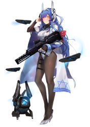 Rule 34 | 1girl, assault rifle, bare shoulders, black pantyhose, blue hair, blush, bow, breasts, bullpup, cloak, closed mouth, commentary, detached sleeves, dinergate (girls&#039; frontline), drone, fingerless gloves, floating headgear, full body, girls&#039; frontline, gloves, gun, hair between eyes, hand on own head, headgear, high heels, highres, holding, holding gun, holding weapon, iwi tavor, iwi tavor tar-21, large breasts, leotard, long hair, looking at viewer, mod3 (girls&#039; frontline), pantyhose, rifle, sidelocks, simple background, smile, solo, standing, tar-21 (girls&#039; frontline), tavor tar-21, thigh strap, trigger discipline, unmanned aerial vehicle, very long hair, weapon, weibo watermark, white background, white footwear, white leotard, yellow eyes, yueqin (monnpiano)