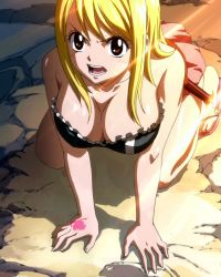 Rule 34 | all fours, blonde hair, breasts, brown eyes, cleavage, fairy tail, feet, flip-flops, large breasts, lucy heartfilia, sandals, skirt, stitched, tattoo, third-party edit, whip