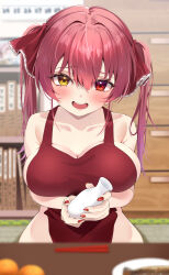Rule 34 | 1girl, absurdres, breasts, heterochromia, highres, hololive, hololive fantasy, houshou marine, large breasts, looking at viewer, mogmog megmog, open mouth, red eyes, red hair, smile, solo, twintails, virtual youtuber, yellow eyes