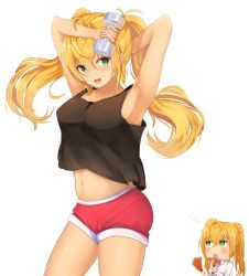Rule 34 | 2girls, armpits, bare arms, bare shoulders, black shirt, breasts, chibi, chibi inset, commentary request, cowboy shot, dumbbell nan kilo moteru?, eating, exercising, fang, green eyes, gyaru, highres, holding, large breasts, long hair, looking at viewer, messy hair, multiple girls, navel, red shorts, sakura hibiki, shirt, short shorts, shorts, simple background, skin fang, solo focus, soveno, tagme, twintails, weightlifting, white background