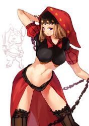 Rule 34 | 1girl, blonde hair, breasts, chain, closed mouth, hood, long hair, looking at viewer, midriff, navel, negresco, odin sphere, purple eyes, simple background, solo, star (symbol), thighhighs, velvet (odin sphere), weapon, white background