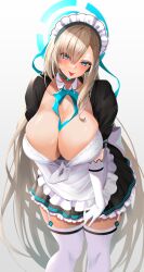 Rule 34 | 1girl, :p, apron, aqua bow, aqua bowtie, asuna (blue archive), blonde hair, blue archive, blue eyes, blush, bow, bowtie, breasts, cleavage, detached collar, elbow gloves, gloves, grey background, halo, highres, kangaruu (momotk1109), large breasts, long hair, maid, maid headdress, simple background, solo, thighhighs, thighs, tongue, tongue out, white apron, white gloves, white headwear, white thighhighs