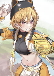 Rule 34 | 1girl, animal ear headwear, ball, baseball, baseball glove, belt, black shirt, blonde hair, chinese commentary, clothes writing, commentary request, cowboy shot, crop top, fake animal ears, grin, hand up, haruyuki (gffewuoutgblubh), hat, highres, holding, holding ball, idolmaster, idolmaster shiny colors, jacket, looking afar, navel, open clothes, open jacket, pants, purple eyes, saijo juri, shirt, short hair, smile, solo, teeth, turtleneck, v-shaped eyebrows, yellow jacket, yellow pants