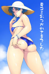 Rule 34 | 1girl, ass, ass grab, bikini, blue bikini, blue hair, blush, bracelet, breasts, butt crack, cowboy shot, curvy, earrings, female focus, from behind, grabbing own ass, gradient background, hat, huge ass, huge breasts, jewelry, jinroku, looking at viewer, looking back, mature female, mizuno ami, parted lips, plump, pretty guardian sailor moon, ring, sideboob, skindentation, sky, solo, stud earrings, sun hat, swimsuit, thick thighs, thighs, translated, wide hips