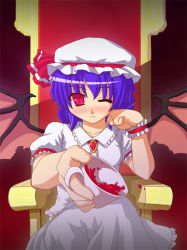 Rule 34 | 1girl, ;), blush, collar, cup, dress, etogami kazuya, female focus, frills, hat, looking at viewer, mob cap, one eye closed, puffy short sleeves, puffy sleeves, purple hair, red eyes, remilia scarlet, short hair, short sleeves, sitting, smile, solo, tea, throne, touhou, white dress, wrist cuffs