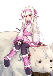 Rule 34 | 1girl, absurdres, ainu clothes, bear, black gloves, black pantyhose, bow, commentary request, dress, fate/grand order, fate (series), female focus, fingerless gloves, gloves, hair bow, hairband, heartpark, highres, illyasviel von einzbern, leg warmers, looking at viewer, on animal, pantyhose, pink bow, pink hairband, platinum blonde hair, red eyes, shirou (bear) (fate), sitonai (fate), sitting, white dress