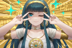 Rule 34 | 1girl, breasts, cleopatra (fate), cleopatra (third ascension) (fate), collar, commentary request, double v, earrings, emotional engine - full drive, fate/grand order, fate (series), green eyes, green hair, hairband, highres, hoop earrings, jewelry, long hair, looking at viewer, necklace, nhaliz, one eye closed, smile, solo, v, very long hair, white collar