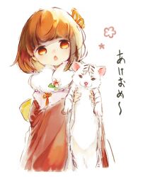 Rule 34 | 084oishi, 1girl, :o, animal, brown hair, chinese zodiac, fur collar, holding, holding animal, japanese clothes, kimono, looking at viewer, new year, open mouth, orange eyes, original, red kimono, short hair, simple background, sketch, solo, tiger, tiger cub, white background, white tiger, year of the tiger