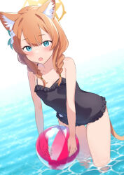 Rule 34 | 1girl, animal ear fluff, animal ears, ball, beachball, blue archive, braid, cat ears, cat girl, collarbone, commentary, flower, frilled one-piece swimsuit, frills, green eyes, hair flower, hair ornament, halo, highres, looking at viewer, mari (blue archive), one-piece swimsuit, open mouth, orange hair, partially submerged, shoichi (fromtojo), solo, swimsuit, symbol-only commentary, twin braids, water, white flower
