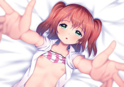 Rule 34 | 10s, 1girl, :o, aqua eyes, arms up, blurry, blush, bra, bra lift, breasts, collarbone, depth of field, from above, green eyes, kurosawa ruby, looking at viewer, looking up, love live!, love live! school idol project, love live! sunshine!!, lying, nipples, on back, open clothes, open mouth, open shirt, outstretched arms, red hair, shirt, short hair, short sleeves, short twintails, small breasts, solo, twintails, two side up, underwear, upper body, white shirt, xiaosan ye