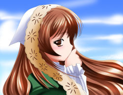 Rule 34 | 00s, 1girl, blue sky, blush, brown eyes, brown hair, covering own mouth, day, from side, long hair, looking at viewer, looking to the side, namamo nanase, rozen maiden, sky, solo, suiseiseki, upper body, very long hair
