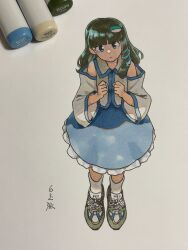 Rule 34 | 1girl, :|, alternate footwear, art tools in frame, blue skirt, clenched hands, closed mouth, collared shirt, detached sleeves, frilled skirt, frills, frog hair ornament, from above, full body, green eyes, green footwear, green hair, hair ornament, hands up, head tilt, highres, kochiya sanae, long hair, looking at viewer, marker, marker (medium), photo (medium), shadow, shiratama (hockey), shirt, shoes, signature, single sidelock, skirt, sleeveless, sleeveless shirt, snake hair ornament, sneakers, socks, solo, standing, touhou, traditional media, white shirt, white sleeves, white socks, wide sleeves