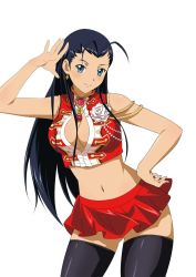 Rule 34 | 00s, 1girl, aqua eyes, black hair, black thighhighs, breasts, cleavage, cleavage cutout, clothing cutout, earrings, highres, ikkitousen, jewelry, kakouen myousai, large breasts, long hair, looking at viewer, magatama, magatama earrings, midriff, navel, pleated skirt, red skirt, simple background, skirt, smile, solo, thighhighs, white background