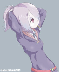 Rule 34 | 10s, 1girl, adachi fumio, alternate hairstyle, calm, hair over one eye, little witch academia, long hair, ponytail, robe, silver hair, simple background, solo, sucy manbavaran, twitter username, tying hair, upper body