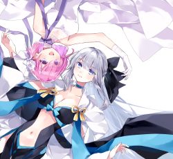 Rule 34 | 2girls, absurdres, black bow, black dress, blue choker, blue eyes, bow, breasts, choker, cleavage, closed mouth, clothing cutout, collarbone, commentary request, dress, eyes visible through hair, fate/grand order, fate (series), flower, gloves, grey hair, hair between eyes, hair bow, hair flower, hair ornament, hair over one eye, highres, large breasts, long hair, looking at viewer, mash kyrielight, mash kyrielight (fgo orchestra), medium breasts, misaki346, morgan le fay (fate), multiple girls, navel, official alternate costume, open mouth, pink hair, ponytail, purple eyes, rose, short hair, simple background, smile, stomach, stomach cutout, two-tone dress, very long hair, white background, white dress, white flower, white gloves, white rose, wide sleeves