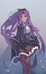 Rule 34 | 1girl, absurdres, black gloves, bow, china dress, chinese clothes, curtained hair, dress, eiyuu densetsu, gloves, hair bow, highres, holding, holding clothes, holding dress, kuro no kiseki, kuro no kiseki ii, lipstick, long hair, looking at viewer, makeup, purple hair, sidelocks, smile, solo, thighhighs, very long hair, yazawa yuki, yellow eyes
