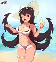 Rule 34 | 1girl, artist name, banana, beach, bikini, black bikini, black hair, breasts, cleavage, colored sclera, cowboy shot, eyelashes, female focus, filia (skullgirls), food, front-tie top, fruit, hat, highres, holding, holding food, large breasts, long hair, looking at viewer, navel, ocean, one eye closed, open mouth, red eyes, sand, sharp teeth, shiny skin, skindentation, skullgirls, sky, solo, solo focus, source request, swimsuit, teeth, w arms, water, white legwear, wink, yellow sclera