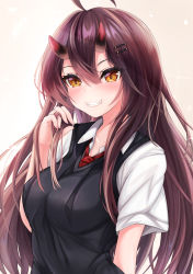 Rule 34 | 1girl, absurdres, ahoge, blush, breasts, brown background, brown eyes, brown hair, collarbone, collared shirt, commentary request, demon horns, gradient background, grin, hair between eyes, hair ornament, hairclip, hand up, highres, holding, holding hair, horns, long hair, looking at viewer, medium breasts, original, red neckwear, ryara, shirt, short sleeves, smile, solo, sweater vest, upper body, v-shaped eyebrows, very long hair, white background, white shirt