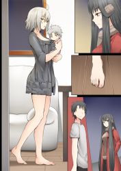 Rule 34 | 2boys, 2girls, ahoge, barefoot, black dress, black hair, carrying, child, dress, faceless, faceless male, fate/grand order, fate (series), father and son, fujimaru ritsuka (male), ginhaha, jeanne d&#039;arc (fate), jeanne d&#039;arc alter (avenger) (fate), jeanne d&#039;arc alter (fate), long hair, mother and son, multiple boys, multiple girls, semiramis (fate), short hair, silver hair, very long hair, yellow eyes