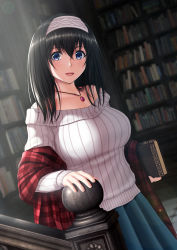 Rule 34 | 1girl, :d, absurdres, bare shoulders, black hair, blue eyes, blue skirt, blush, book, bookshelf, commentary request, dutch angle, fingernails, grey hairband, grey sweater, hair between eyes, hairband, highres, holding, holding book, idolmaster, idolmaster cinderella girls, indoors, jewelry, library, long sleeves, looking at viewer, necklace, off-shoulder sweater, off shoulder, open mouth, pendant, pleated skirt, railing, sagisawa fumika, shawl, skirt, smile, solo, sweater, tai (2vs), tareme, vertical-striped sweater