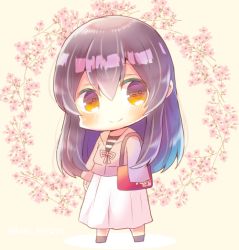 Rule 34 | 1girl, akagi (kancolle), bag, black footwear, blush, brown background, brown eyes, brown hair, brown jacket, chibi, closed mouth, commentary request, floral background, full body, hair between eyes, handbag, jacket, kantai collection, kou hiyoyo, long hair, long sleeves, looking at viewer, one-hour drawing challenge, shirt, skirt, sleeves past wrists, smile, solo, standing, striped clothes, striped shirt, very long hair, white skirt