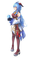 Rule 34 | 1girl, absurdres, ahoge, bare shoulders, bell, black gloves, blue hair, blush, breasts, brown pantyhose, chinese knot, detached sleeves, flower knot, full body, ganyu (genshin impact), genshin impact, gloves, gold trim, high heels, highres, horns, long hair, looking to the side, medium breasts, neck bell, orb, pantyhose, purple eyes, qilin (mythology), sidelocks, solo, suke omi, tassel, thighlet, thighs, vision (genshin impact), white background, white sleeves