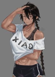 Rule 34 | 1girl, abs, bandaid, bandaid on face, biceps, black hair, braid, braided ponytail, breasts, brown eyes, cleavage, clothes writing, collarbone, dark-skinned female, dark skin, gym shorts, hand under clothes, highres, hunyan, looking at viewer, muscular, muscular female, original, shirt, short hair, shorts, simple background, solo, toned, white shirt, xiao (hunyan)