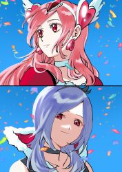 2girls bare_shoulders black_choker black_dress black_hairband blue_choker choker cure_passion diamond_hair_ornament dress dual_persona earrings eas_(fresh_precure!) fresh_precure! hair_ornament hairband heart heart_earrings heart_hair_ornament higashi_setsuna highres jewelry long_hair looking_at_viewer looking_to_the_side magical_girl medium_hair multiple_girls multiple_views pink_hair precure puriketsudog purple_hair red_dress red_eyes upper_body