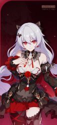 Rule 34 | 1girl, bare shoulders, black dress, breasts, chinese commentary, closed mouth, detached sleeves, dress, earrings, flower, hair between eyes, hair ornament, highres, honkai (series), honkai impact 3rd, jewelry, large breasts, long hair, long sleeves, looking at viewer, theresa apocalypse (luna kindred), official art, official wallpaper, red background, red eyes, red flower, red rose, red theme, rose, smile, solo, theresa apocalypse, theresa apocalypse (lunar vow: crimson love), white hair