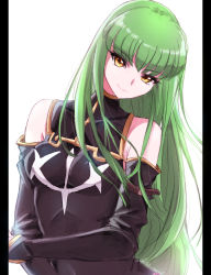 Rule 34 | 1girl, black border, black sleeves, border, bridal gauntlets, c.c., closed mouth, code geass, covered collarbone, detached sleeves, gizamond, green hair, head tilt, highres, long hair, long sleeves, looking at viewer, pillarboxed, simple background, sketch, smile, solo, straight hair, twitter username, upper body, very long hair, white background, yellow eyes