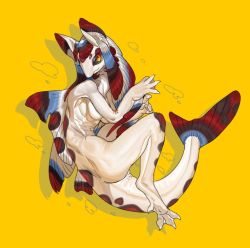 Rule 34 | 1girl, black sclera, breasts, colored sclera, colored skin, female focus, fins, furry, furry female, meziro001, nude, original, simple background, solo, white skin, yellow background, yellow eyes