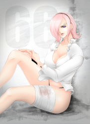 Rule 34 | 1girl, bandages, bandages, blood, bloody bandages, breasts, chikaburo, cleavage, curly eyerbrow, hair over one eye, hairband, hip focus, large breasts, leg tattoo, lingerie, one piece, open mouth, pink hair, purple eyes, sitting, solo, tattoo, thighs, underwear, vinsmoke reiju